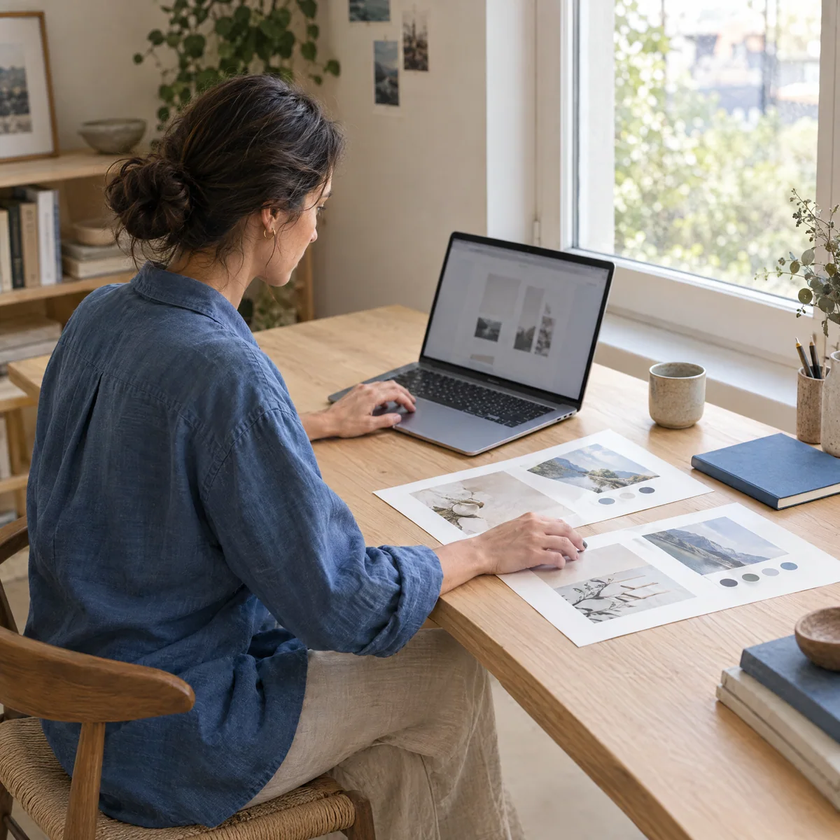 Illustrative creator developing learning materials at a daylight desk, arranging reference sheets beside a laptop.